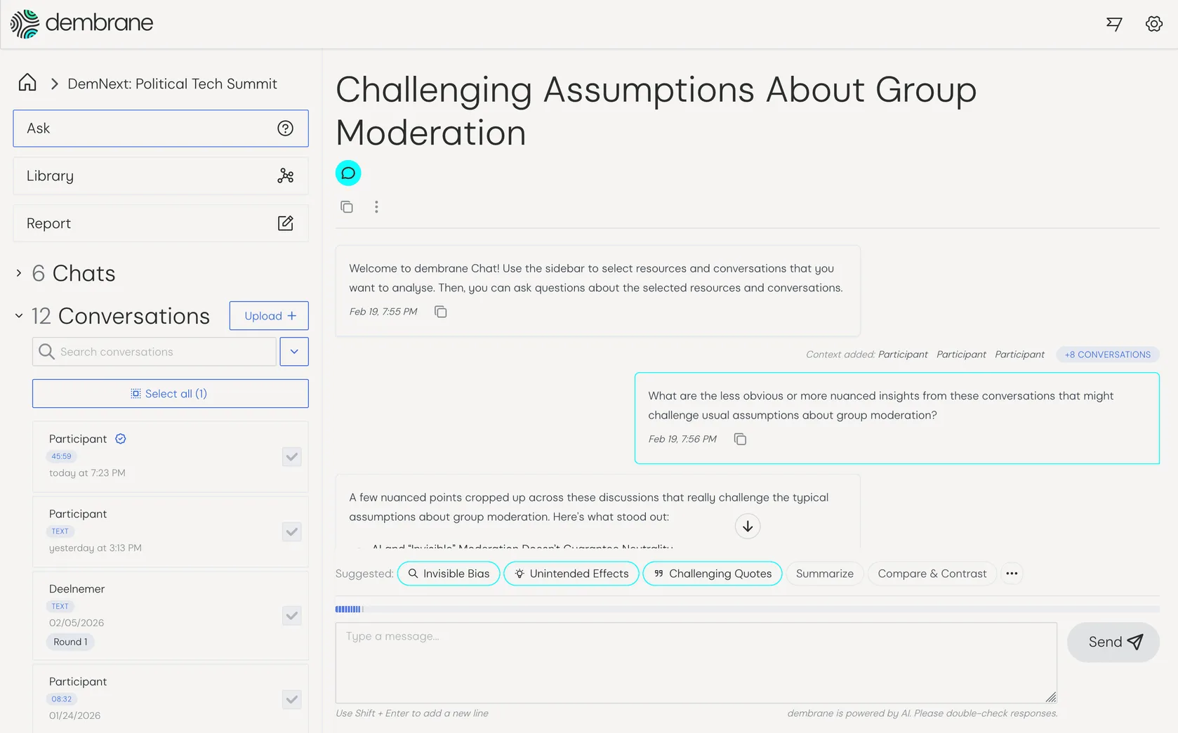 The dembrane dashboard chat, answering a question across every conversation