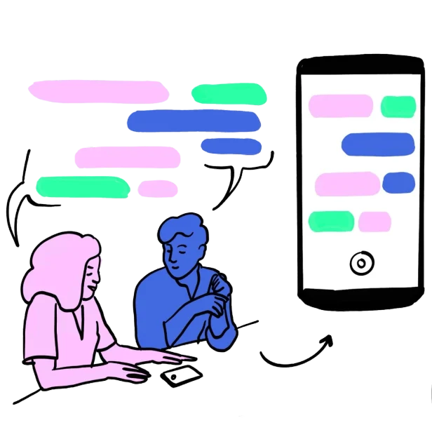 Twee mensen in gesprek aan een tafel, naast een telefoon die hun gesprek vastlegt