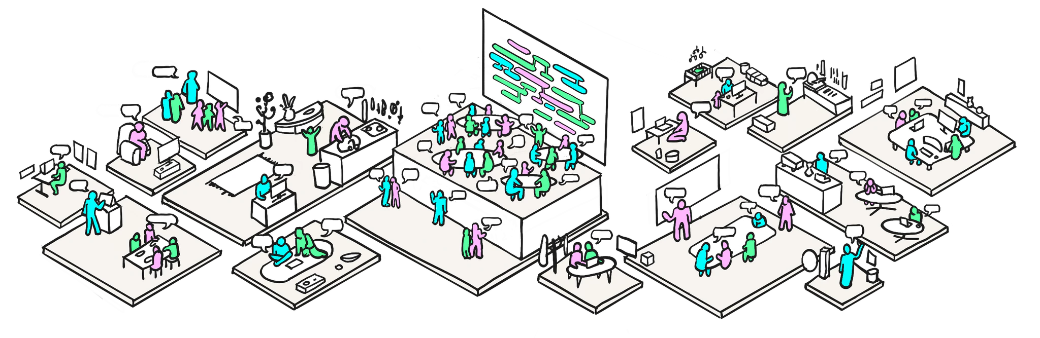 An illustrated event: people talking at tables, someone presenting, conversations being recorded and made sense of together.
