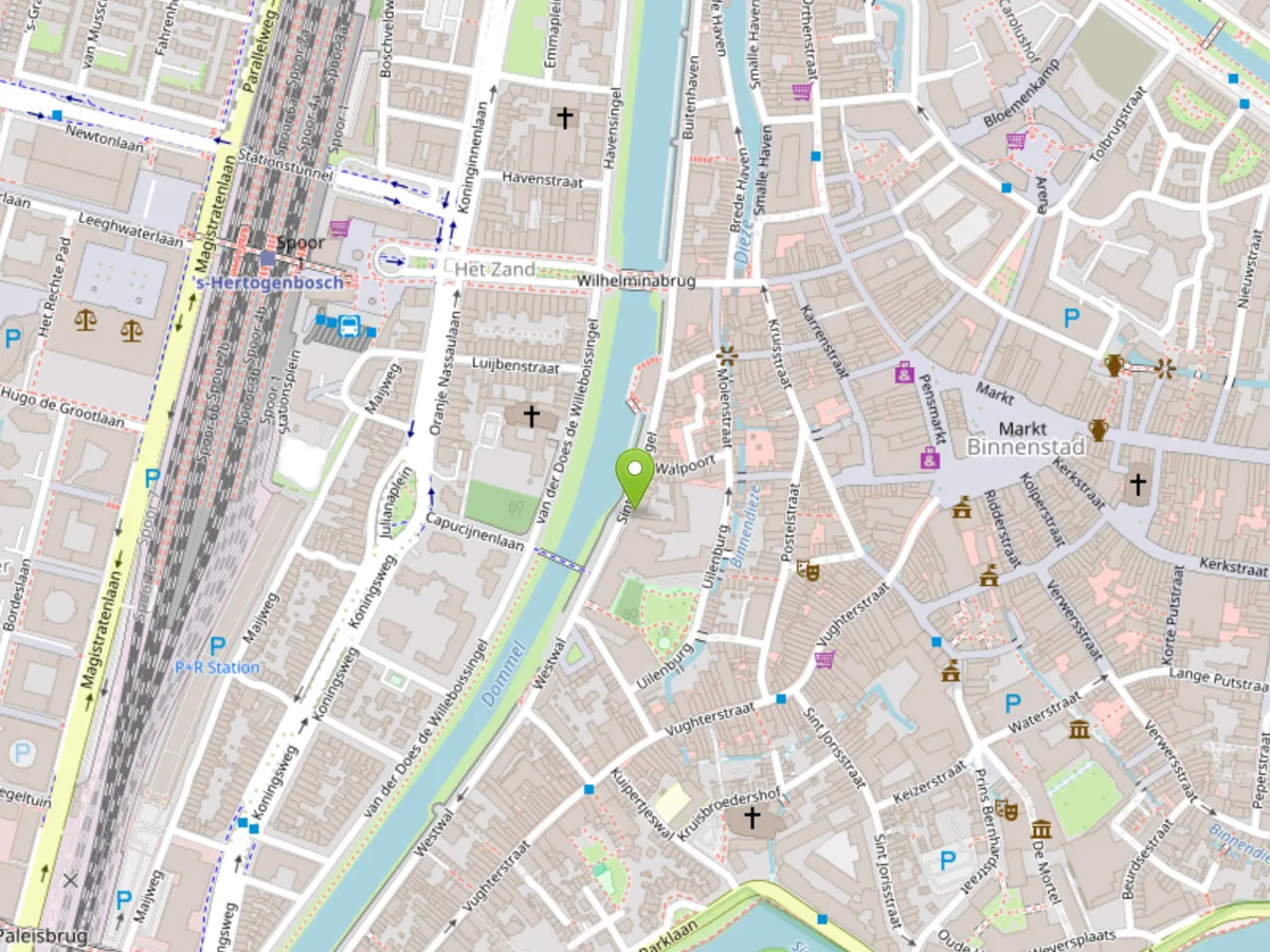 The centre of 's-Hertogenbosch, with a marker on Sint Janssingel 88 by the Dommel.