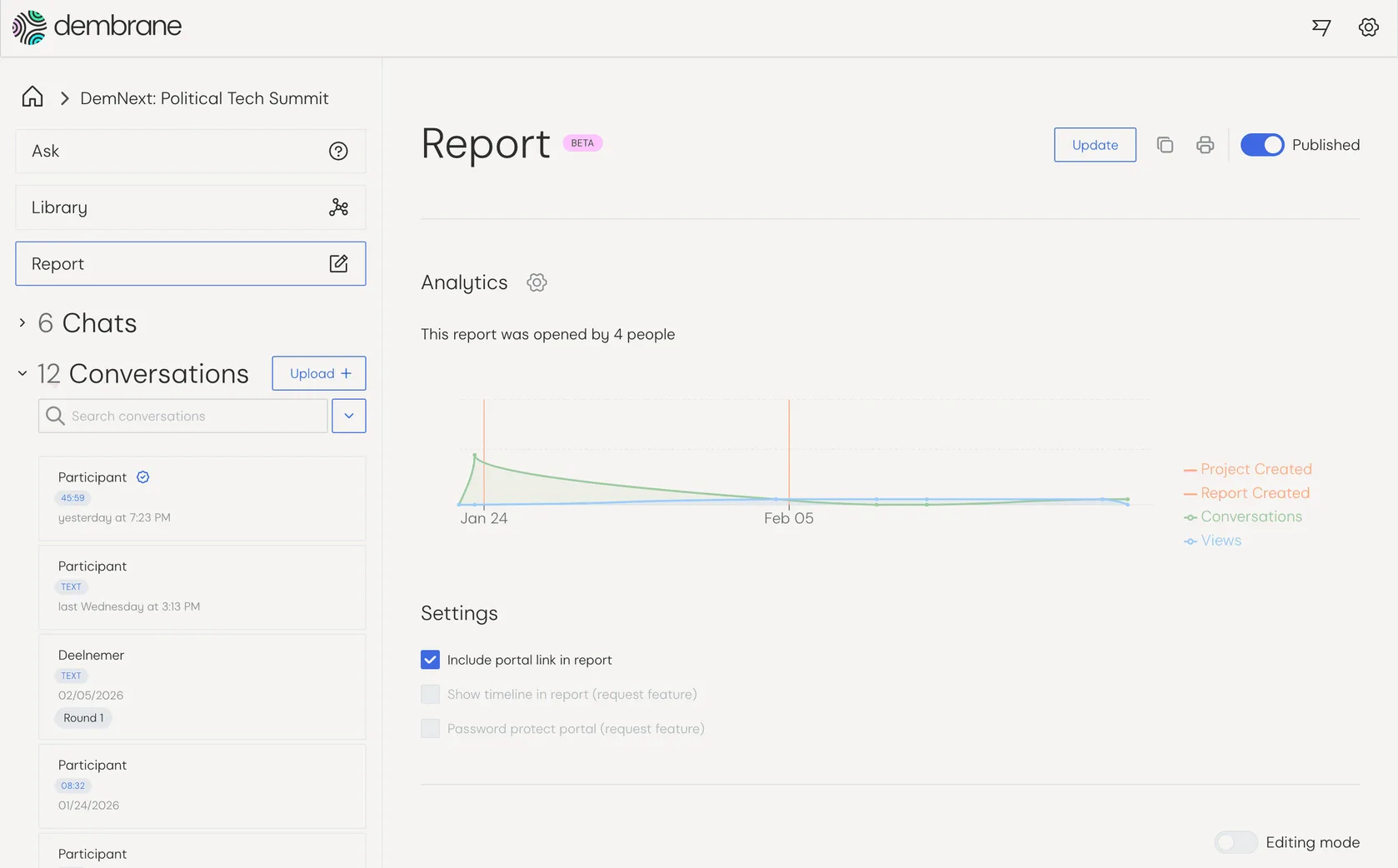 A generated report open in the dembrane dashboard